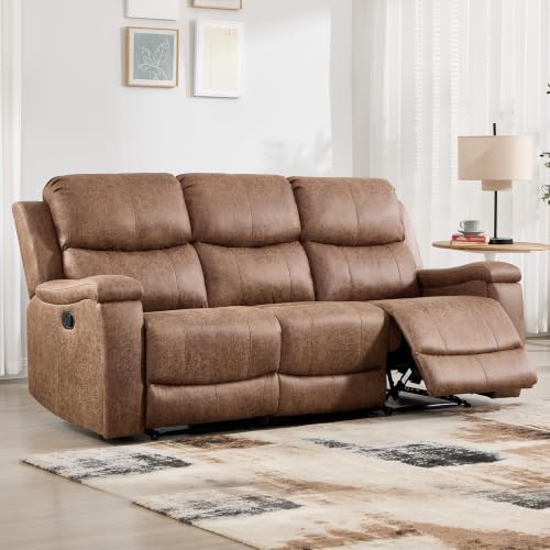 Image of CANMOV Faux Leather Manual Reclining Sofa,3 Seat Recliner Couch Sofa with Overstuffed Arms and Back,Manual Recliner Sofa Set with Concealed Cup Holders for Living Room,Nut Brown