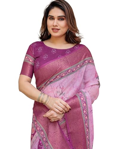 Image of ALMAARI FASHION Floral Printed Cotton Saree for Women with Handloom Zari Weave, Traditional Lightweight Ethnic Saree for Wedding Festive Office Party with Blouse Piece (LINEN 81-90 SH)