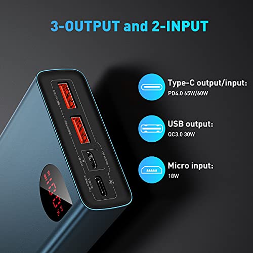 Baseus Power Bank, 65W 20000mAh Laptop Portable Charger, Fast Charging USB C 4Port PD3.0