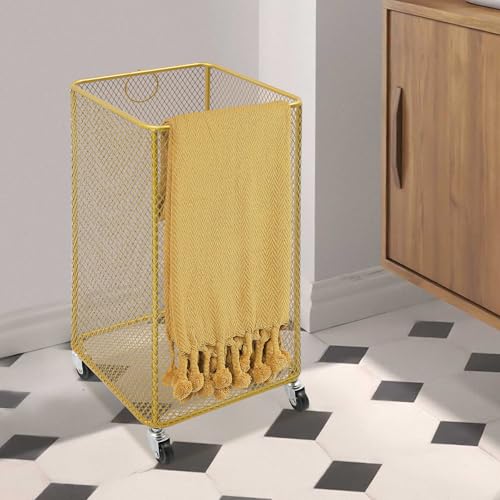 Image of Wire Metal Rolling Laundry Basket On Wheels,Mesh Wire Laundry Basket Storage Cart for Bathroom Bedroom Dirty Clothes Storage (A)