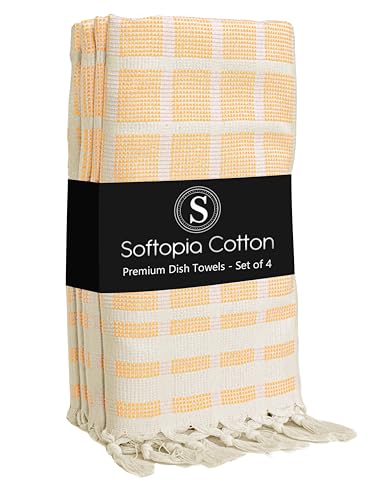 Image of Matrix Dobby Kitchen Towels 4 Pack 100% Cotton, 16x26 Inches, Decorative Tea Towels with Handmade Tassels, Absorbent Washable Wash Cloths for Kitchen Drying - Mustard Yellow, Natural