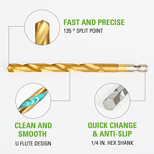 Image of Greenworks 22 PC Titanium Twist Drill Bit Set, 135 Tip High Speed Steel, Ideal Drilling in Wood /Cast Iron /Aluminum Alloy /Plastic /Fiberglass