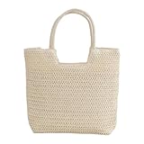 Wrbugukeji 1Pcs Beach Bags for Women, Large Capacity Woven Bag, Straw Beach Bag with Zip, Closure Inner Pocket Travel Shopping Picnic(Off-White