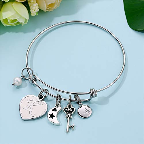 M MOOHAM Initial Charm Bracelets for Women Gifts - Engraved 26 Letters Initial Charms Bracelet Stainless Steel Bangle Bracelet Birthday Christmas Jewelry Gift for Women Teen Girls2