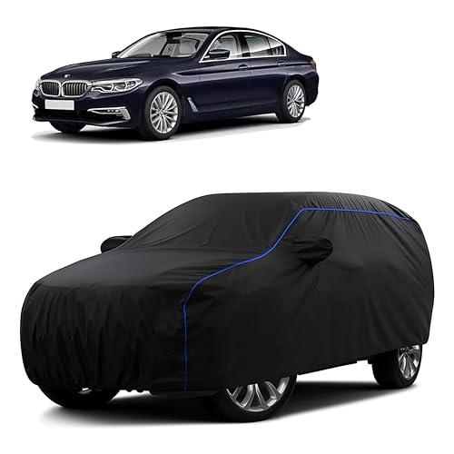 Image of Sulfar 100% Water Resistant Car Body Cover Compatible with Mirror for BMW 520D (Triple Stitched, Full Bottom Elastic, Black Tafetta with Blue Piping)