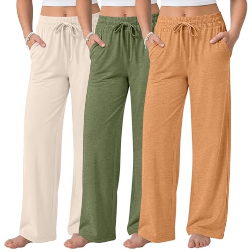 YooAurvox 3 Pack Girls Wide Leg Pants with Pockets Drawstring Baggy Casual Sweatpants Kids Loose Soft Summer Pant 5-14 Years(Apricot Green Orange 5-6 Years)