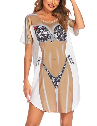 Ekouaer Strandkleid Damen Kurz Leicht T-Shirt mit Bikini Aufdruck Sommer Bikini Cover Up Kurzarm Beachwear Beachkleider, Schädel, S