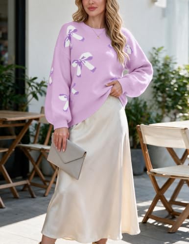 Image of Libsorge Womens Oversized Cute Bows Crewneck Pullover Sweater | Fall Winter Trendy Long Shoulder Balloon Sleeve Cozy Knit Baggy Printed Dressy Casual Valentines Day Vintage Sweaters