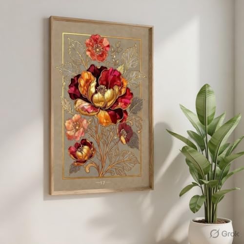 Image of SAF Golden Floral Wall Painting with Wooden Frame | Luxury Flower Artwork HD Wall Decor | Elegant Botanical Wall Art for Living Room Bedroom Office Home Decoration 13.5 Inch x 19.5 Inch
