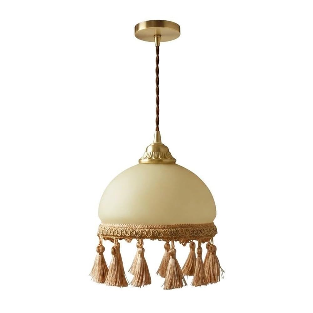 ITOSUI French Retro Tassel Pendant Light with 78.7" Adjustable Cord 7.9-Inch Dome Glass Hanging Lamp Creamy Yellow Fringe Brass Fixture for Wardrobe Kitchen Island Bedside E26