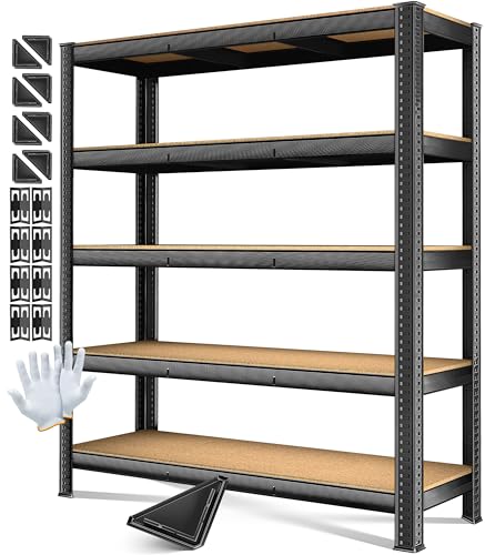 MASKO® Schwerlastregal Lagerregal Kellerregal 180x160x60cm, 1500kg belastbar, 5 verstellbare Ablagen, MDF-Platten Regal aus Metall, Steckregal, Werkstattregal Stahlgestell Garage Werkbank Schwarz