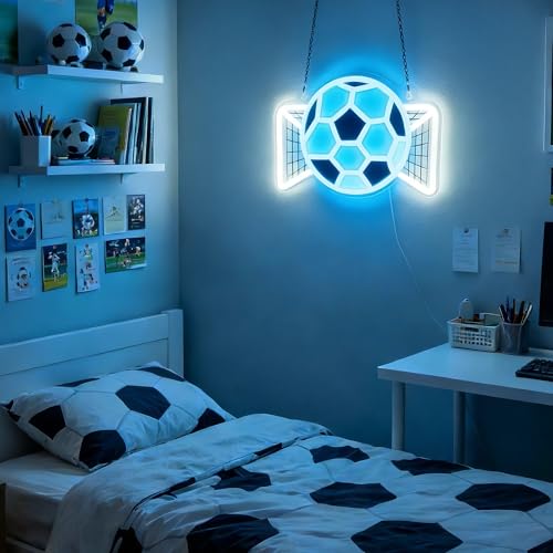 Image of Soccer Neon Sign, Dimmable Football LED Lamp for Wall Decor, Light up Sports Sign for Bedroom Playroom Man Cave Club Party College Dorm Decor, Cool Teenager Boy Kid Birthday Holiday Xmas Gifts