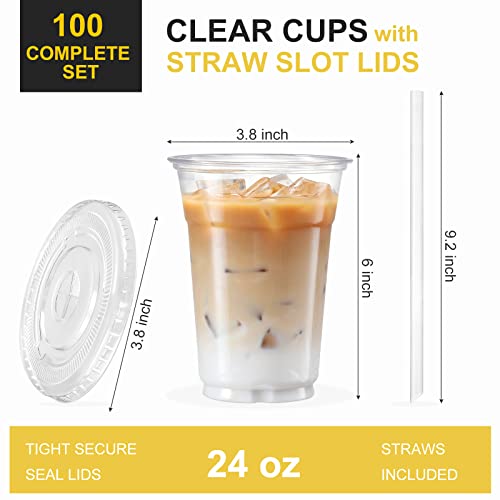 image for VITEVER [100 Sets - 24oz] Plastic Cups with Lids and Straws, Disposabl