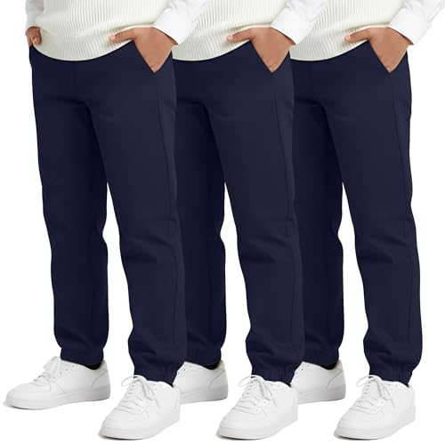 LessonZoo 3 Pack Boys Uniform Jogger Pants School Wear Elastic Waist Pull-on Stretchy Pants with Pockets for Kids 6-14 Years(Navy Blue 13-14 Years)