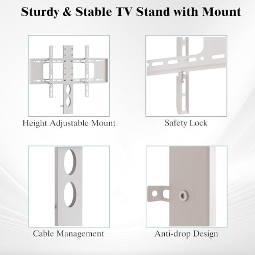 Image of 63 inch W TV Stand with Mount for 55,65,75 inch TV,Entertainment Center with Power Outlet and Led Lights,Height Adjustable TV Console Table with Open Storage Shelves and Fabric Drawers (White, 63 inch W)