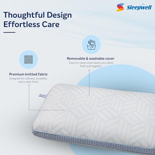Image of Sleepwell ImpressFit Adaptive Memory Foam Pillow | White & Blue | 100% Pure Memory Foam | Optimal Head & Neck Support | Medium Soft Pillow | Multi-Position Sleepers | 24 x16 inches| Pack of 1