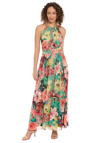 London Times Sleeveless Maxi Floral Women-Halter Neck Pleated Summer Long Dress for Special Occasions