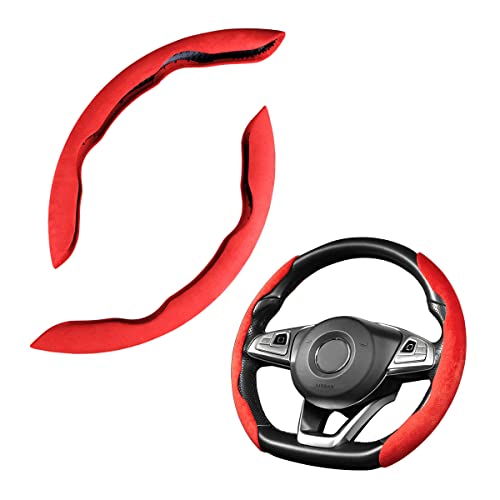 Car Steering Wheel Cover, Microfiber Suede Leather And Carbon Fiber Double Sided Design, Warm In Winter And Cool In Summer, Breathable Non Slip Segmented Protector For Most Cars (Turn Fur/Red) #TOP28