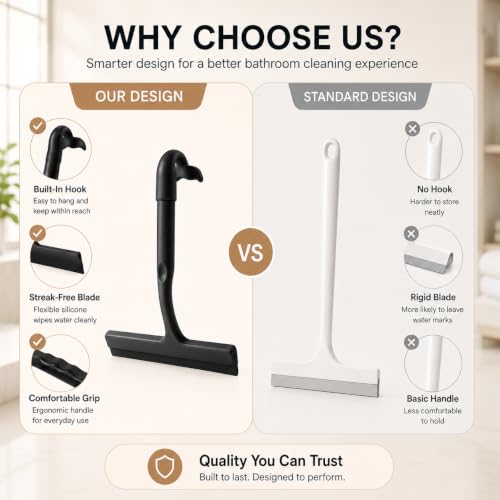 Image of Shower Squeegee for Glass Doors, 10-Inch Silicone, Fishtail Type Hook,Black | One-piece Silicone, Fishtail Hook, Non-slip Grip and Quiet Glide for Shower Glass, Tile, Mirrors, Windows and Car Glass