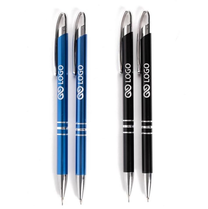 WPRO Personalisiertes Schreibset mit Gravur – 100er Set – Kugelschreiber und Bleistift im Etui – beide Stifte graviert – Geschenk für Büro und Business