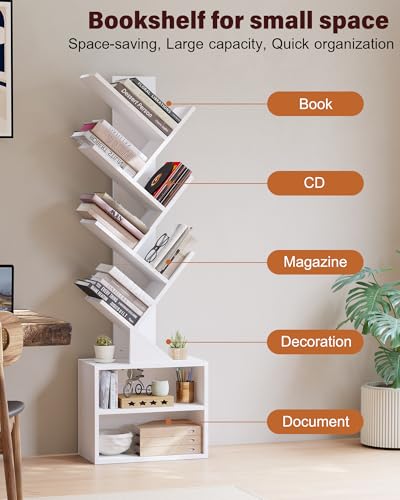 Image of SUNMORY 6 Tier Tree Bookshelf, Tall Small Bookcase with Storage Cabinet | Modern Narrow Bookshelves Organizer, Floor Standing Book Case Shelf for Bedroom Living Room Home Office Corner, White