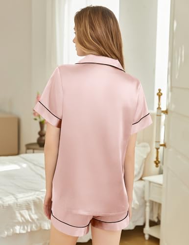 Image of Silk Pajamas for Women Short Sleeve Sleepwear Soft Button Down Loungewear 2 Piece Satin Pjs Shorts Set S-XXL