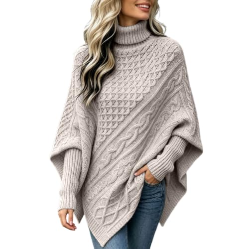 Poncho Sweater Women Turtleneck Cable Knit Oversized Casual Pullover Top - image 4