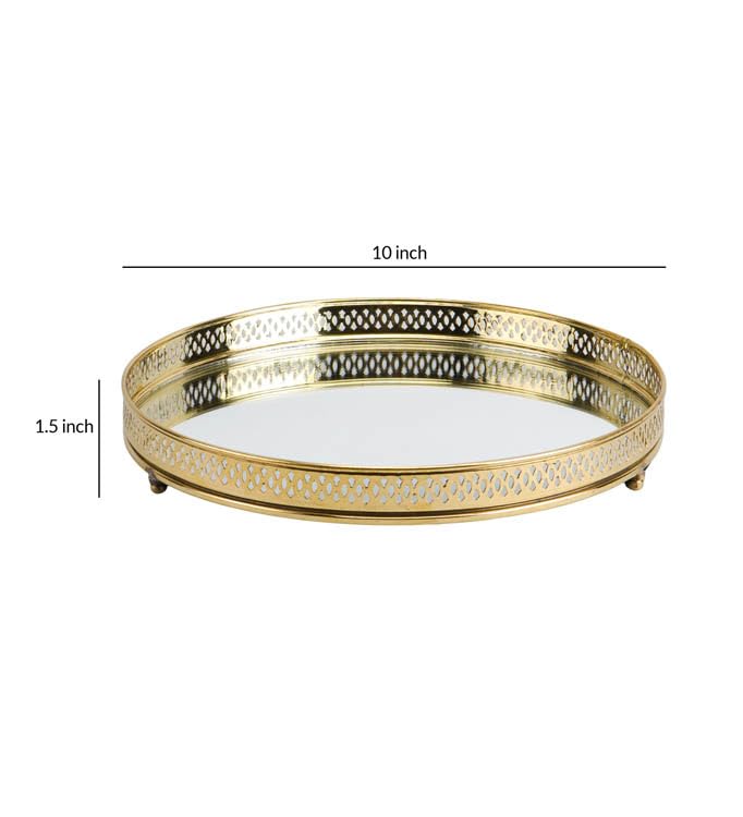 Image of Brass Glass Vanity Tray Metal Gold Plated Serving Plate Decorative Dresser Organiser for Home and Kitchen Dia 10 Height 1.5 inches