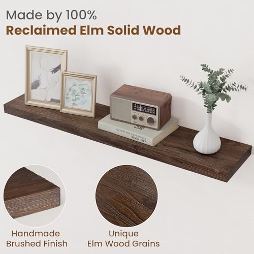 Image of Floating Shelves for Wall Decor, 8 Inch Deep Rustic Solid Elm Wood Floating Shelves Wall Mounted, Wall Shelves with Invisible Bracket for Living Room Bathroom Bedroom Kitchen, 36 Inch Set of 2, Walnut