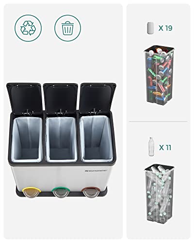 SONGMICS Mülleimer für die Küche, Abfallbehälter, 45 Liter, Abfalleimer mit Inneneimer, Mülltrennsystem, Treteimer aus Edelstahl, 3 x 15 Liter, silbern-schwarz LTB45L - Image 4