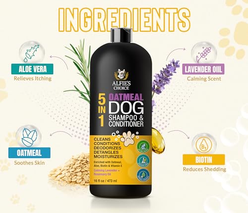 ALFIE'S CHOICE 5-in-1 Oatmeal Dog Shampoo and Conditioner | 16 fl oz | Gentle Dog Wash with Aloe, Biotin & Vitamin E | Cleans, Conditions, Deodorizes, Detangles & Moisturizes for All Breeds - Image 5