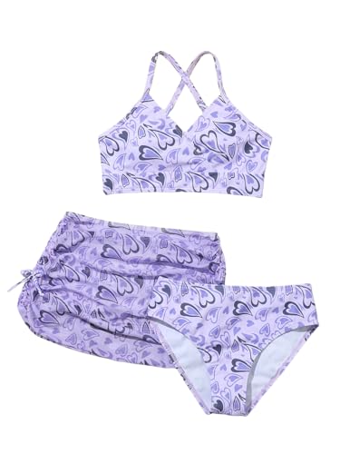 Floerns Girl's 3 Piece Swimsuit Heart Print Bikini Set Bathing Suit with Beach Skirt