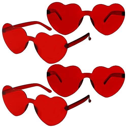 Rote Herz-Sonnenbrille, rote herzförmige Gläser, Valentinstag, Junggesellinnenabschied, Halloween, transparenter Kunststoff, randlos, Spaß, Rave, Partygeschenke, Dekorationen, Brillen, 4 Paar