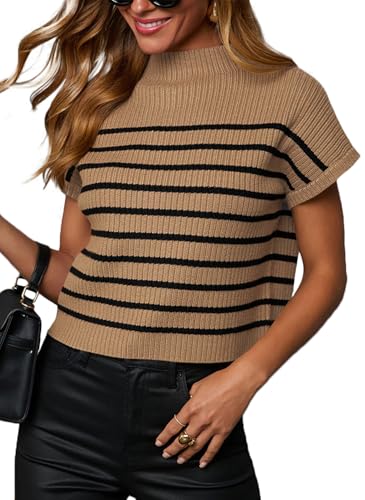 Lacozy Women's Short Sleeve T Shirt 2025 Summer Ribbed Knit Crewneck Striped Sweater Casual Pullover Tank Tops Work