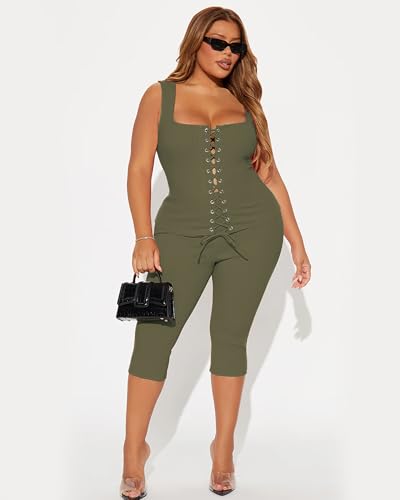 Image of 2 Piece Sets for Women Sexy Ribbed Crop Tops High Waist Bodycon Capri Pants Womens Summer Outfits Clubwear
