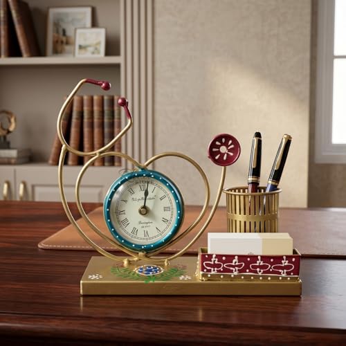 Image of Golden Stethoscope Pen Stand with Clock, Metal Desk Organizer Doctor Gift Item, Corporate Bulk Gifting Medical Clinic Table Showpiece and Office Decor (30x10x16 cm)