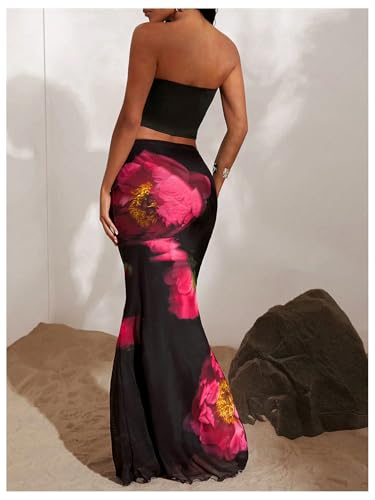 GORGLITTER Women's Mesh Sheer Long Skirts Low Waist Floral Lettuce Trim Fishtail Flowy Bodycon Maxi Skirts2