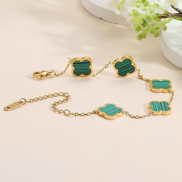 Image of STYOLLO Four-Leaf Clover Anti Tarnish Bracelet for Women & Girls Stylish | Elegant Gold-Plated Lucky Charm Jewelry | Aesthetic Enamel Design Adjustable Chain Bracelet for Daily, Gifting & Festive