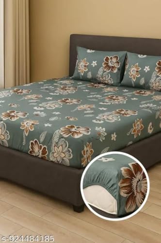 Image of 276 TC Cotton Feel All Around Elastic Fitted Bedsheet, Elastic Fitted Bedsheet King Size Bedsheet for Double Bed with 2 Pillow Covers, Size - 72 x 78 x 8 Inch Color White