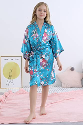 Morforu Girls Kids Daffodils Silky Satin Kimono Robe For Wedding Spa Party, Short (Turquosie, Tag 10) #TOP1