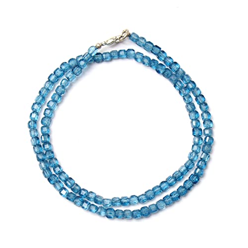 A&M Natural Blue London Topaz Beaded Necklace, Faceted Square Gemstone Box Beads, 925 Sterling Silver Chain, Handmade Healing Crystal Jewelry for Women