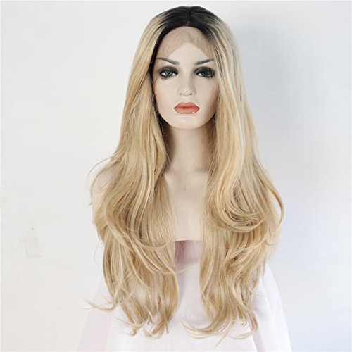 Ebingoo Blonde Ombre Dark Roots Long Wave Synthetic Lace Front Wig Natural Wavy Lace Front Wigs Glueless Heat Resistant Wig 22 inch