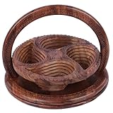 Handmade Wood Carving Fruit Plate Wooden Collapsible Fruit Basket Unique Foldable Walnut Basket for Fruit, Bread and Nuts 11" A11