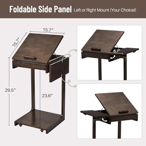 Image of Uniclinens C Shaped End Table for Couch, Rolling Side Table with Wheels Adjustable, Solid Wood TV Sofa Arm Eating Tray Table for Multi-Purpose, Small Coffee Table Living Room Bedroom, Walnut