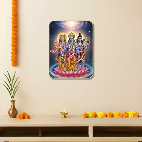 Image of SAF Harihara Trimurti Wall Art with Table Top Stand & Wall Hanging Hole | Lord Vishnu Brahma Shiva MDF Religious Painting for Mandir Home Decor