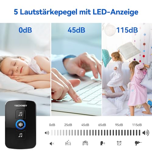 TECKNET Funkklingel, IP65 wasserdichte außere Funkklingel mit 400 m Reichweite, Funk-Türklingel-Set, 60 Melodien, 5 Lautstärkestufen, Funkklingel mit LED-Blitz, 1 Empfänger und 1 Sender, Schwarz
