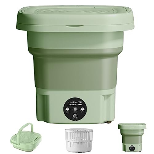 Folding Washing Machine with Drain Basket, 8L 1.2kg Portable Small Washing Machine Strong cleaning Household 3 gear timing for Underwear Infants Clothes green