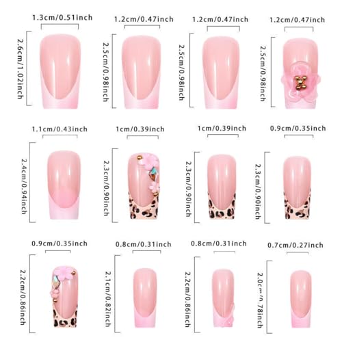 24Pcs 3D French Tip Press on Nails Long Square Flower Fake Nails with Rhinestones Design Pink False Nails Leopard Coffin Tip Stick on Nail Spring Summer Acrylic Nail Floral Glue on Nails for Women
