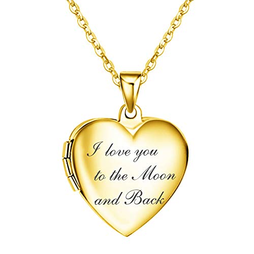 Kumshunie Heart Photo Locket Necklace That Holds 2 Pictures 18K Gold Plated Engraved I Love You to The Moon and Back