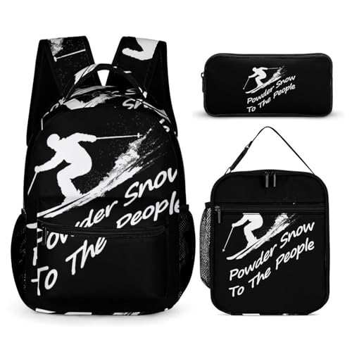 Ski Powder Snow To The People Backpack Shoulder Bags Lunch Bag Pencil Case Box 3 Set Daypack Cute